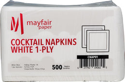 Generic- 1 Ply Cocktail Napkins - 1/4 Fold - White