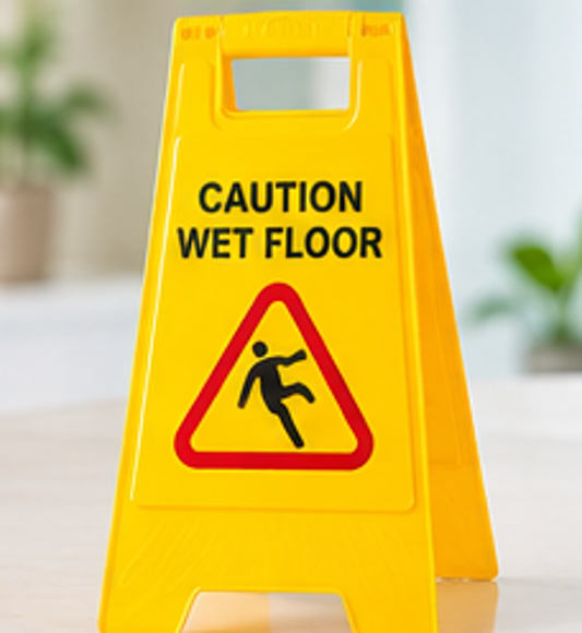 Illustrative yellow folding caution wet floor sign; confirm exact model appearance